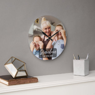 Grandma Est. White script photo Large Clock