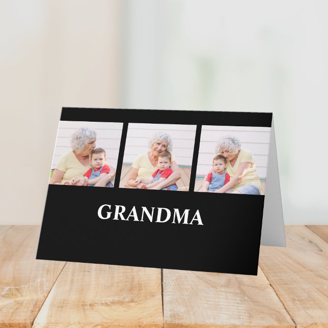 Grandma Established Black 3 Photo Grandparents Day Card (Creator Uploaded)