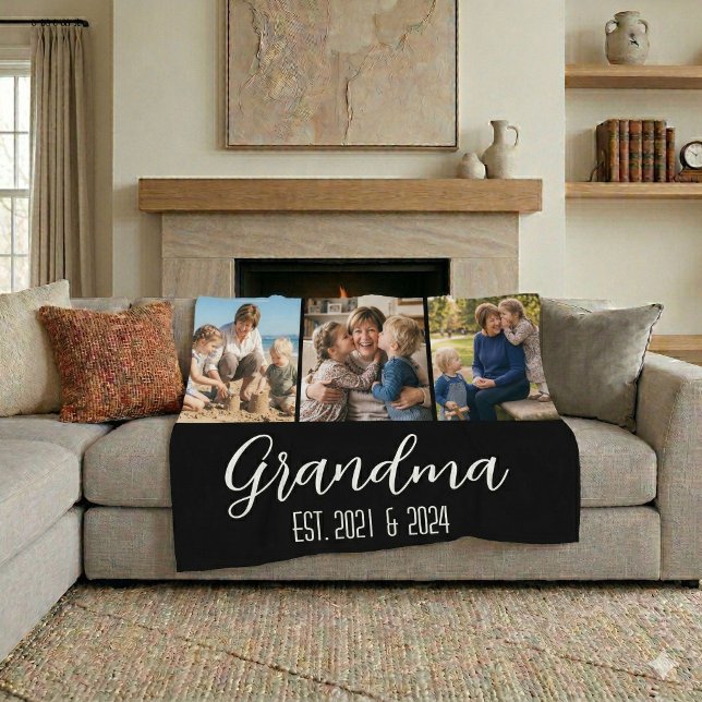 Grandma Established Black 3 Photo White Script Fleece Blanket (Creator Uploaded)