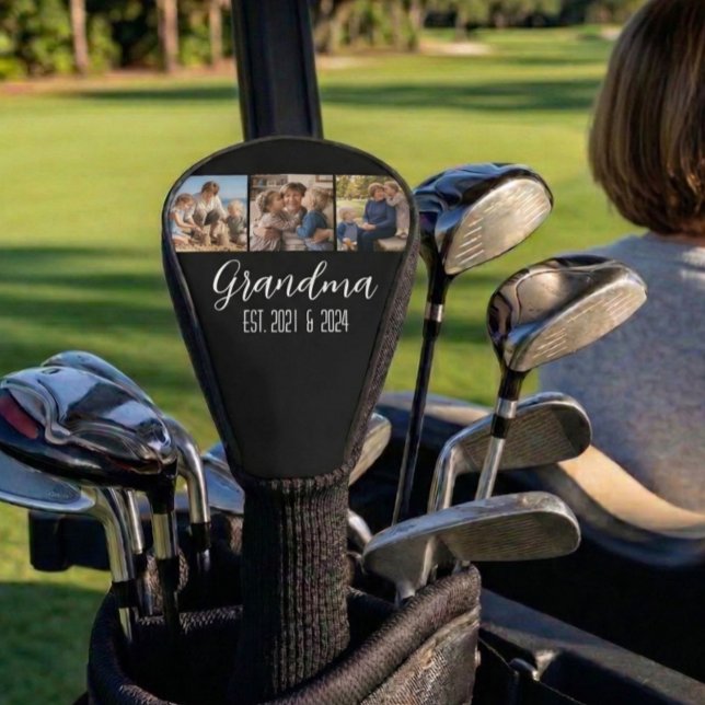 Grandma Established Black 3 Photo White Script Golf Head Cover (Creator Uploaded)