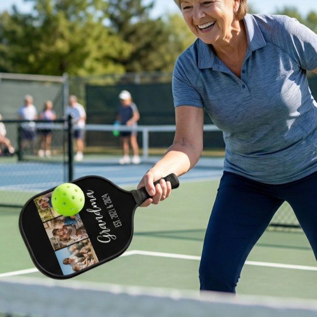 Grandma Established Black 3 Photo White Script Pickleball Paddle (Creator Uploaded)