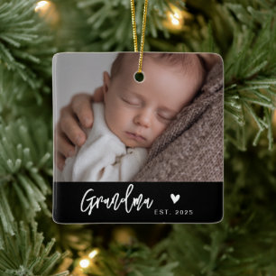 Grandma Established Black Modern Script Photo Ceramic Ornament
