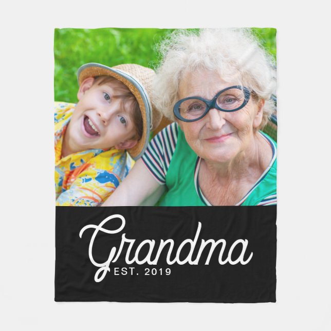 Grandma Established Black Modern Script Photo Fleece Blanket (Front)