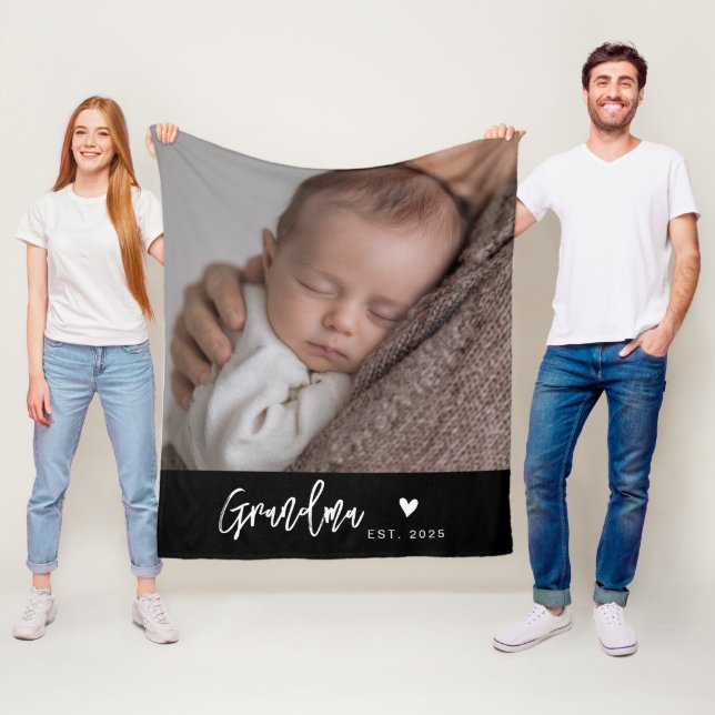 Grandma Established Black Modern Script Photo Fleece Blanket (In Situ)