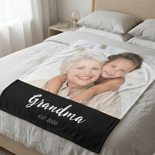Grandma Established Black Modern Script Photo  Fleece Blanket (Creator Uploaded)