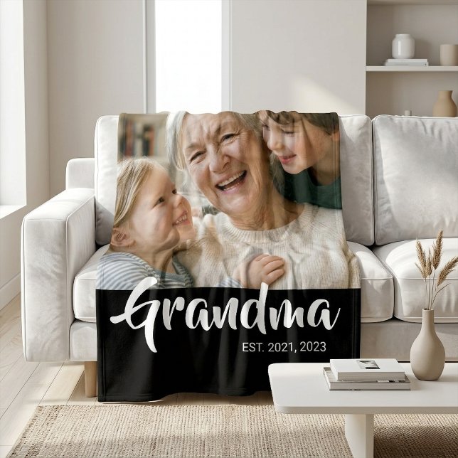 Grandma Established Black Modern Script Photo Fleece Blanket (Grandma Established Script Photo Blanket)