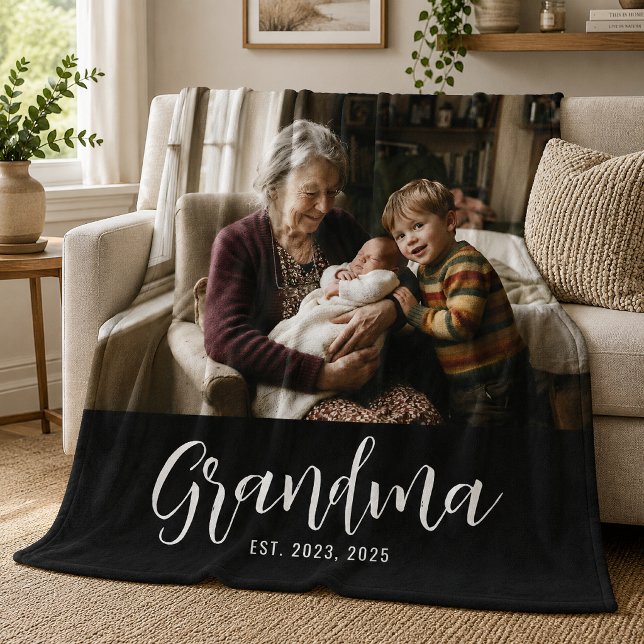 Grandma Established Black Modern Script Photo Fleece Blanket (Creator Uploaded)