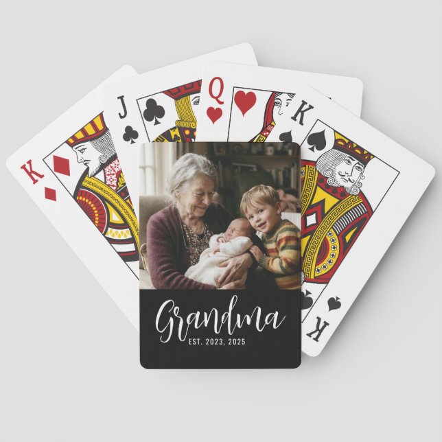 Grandma Established Black Modern Script Photo Playing Cards (Back)