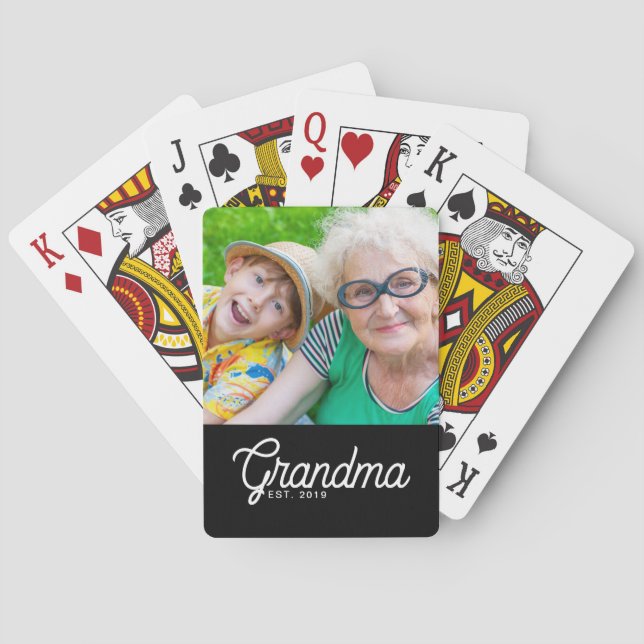 Grandma Established Black Modern Script Photo Playing Cards (Back)