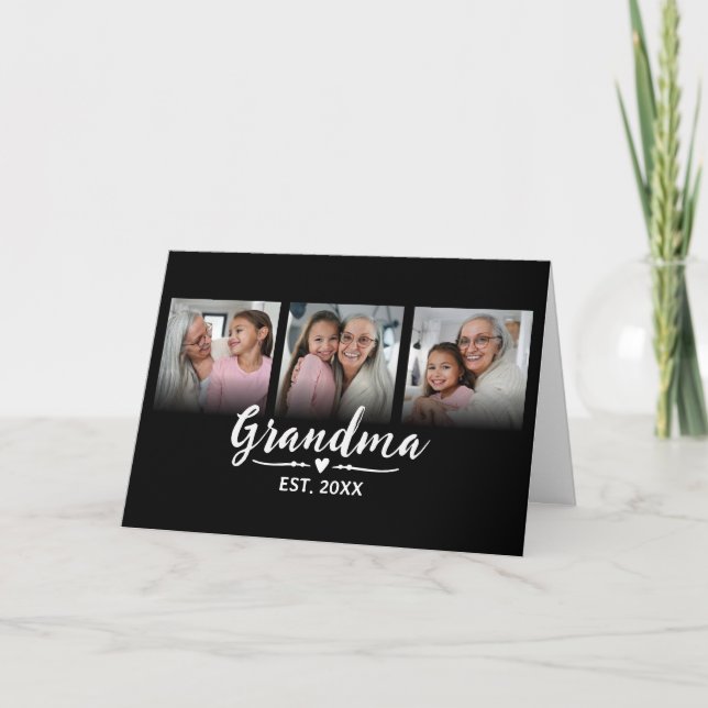 Grandma Established Black Script 3 Photo Card (Front)