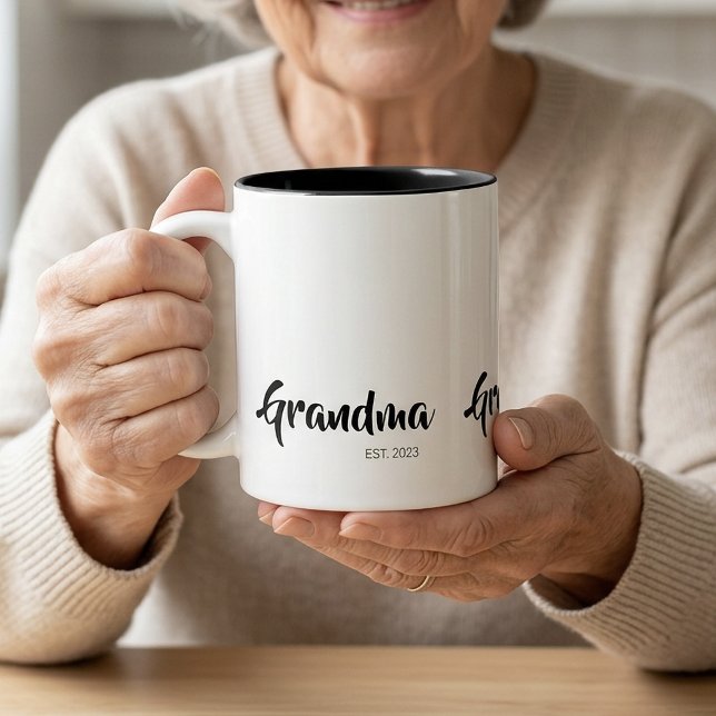 Grandma Established Black White Script Gift Two-Tone Coffee Mug (Grandma Established Black White Script Gift Two-Tone Coffee Mug)
