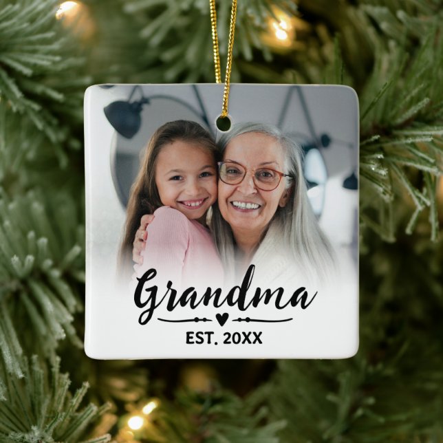 Grandma Established Black White Script Photo Ceramic Ornament (Tree)