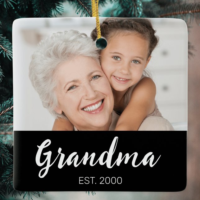 Grandma Established Black White Script Photo Ceramic Ornament (Creator Uploaded)