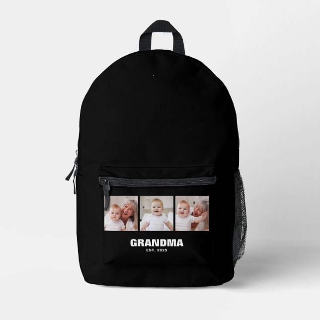 Grandma Established Bold Black 3 Photo Printed Backpack (Front)
