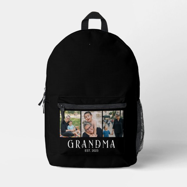 Grandma Established Bold Modern Black 3 Photo Printed Backpack (Front)