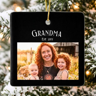 Grandma Established Custom Name Year Photo Black Ceramic Ornament