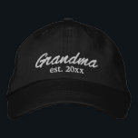 Grandma Established date white black custom script Embroidered Hat<br><div class="desc">Grandma Established date black and white personalised custom script text Embroidered Baseball Cap.  Available in many colours and options. Modern,  minimalist,  simple,  elegant style.
with fully customisable text.
Great for Grandparents Day,  Mother's Day,  grandma's birthday,  grandmother,  grandma</div>