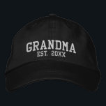 Grandma Established date white custom athletic  Embroidered Hat<br><div class="desc">Grandma Established date black and white personalised custom athletic sports text Embroidered Baseball Cap.  Available in many colours and options.
Modern,  minimalist,  simple,  elegant style.
with fully customisable text.
Great for Grandparents Day,  Mother's Day,  grandma's birthday,  grandmother,  grandma</div>