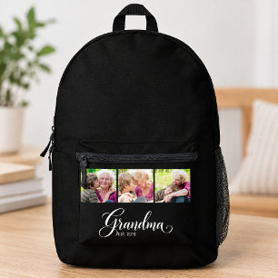 Grandma Established Elegant Black Script 3 Photo  Printed Backpack