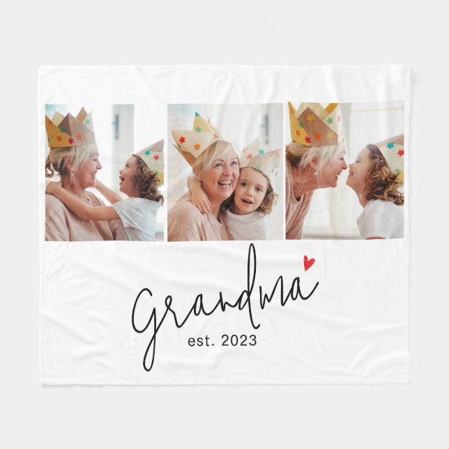 Grandma Established Elegant Script 3 Photo Fleece Blanket (Front (Horizontal))