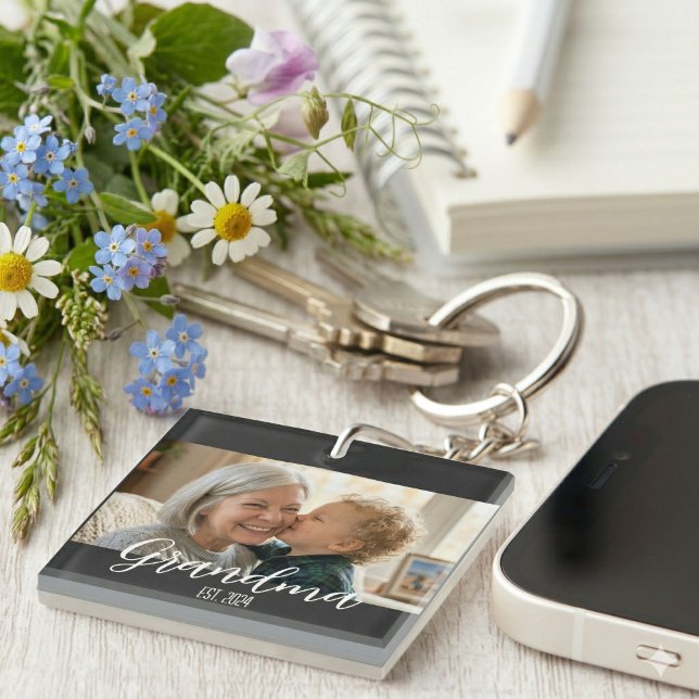 Grandma Established Minimalist White Script Text Key Ring (Creator Uploaded)
