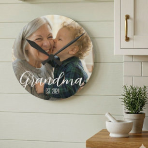 Grandma Established Minimalist White Script Text Round Clock