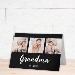 Grandma Established Modern Script 3 Photo Black Card
