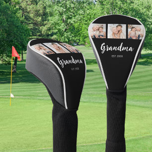 Grandma Established Modern Script 3 Photo Black Golf Head Cover