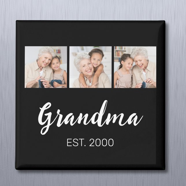 Grandma Established Modern Script 3 Photo Black Magnet (Creator Uploaded)