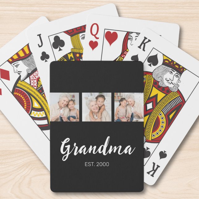 Grandma Established Modern Script 3 Photo Black  Playing Cards (Creator Uploaded)