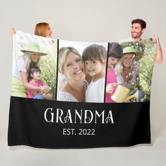 Grandma Established Modern Script 3 Photo Fleece Blanket (In Situ)