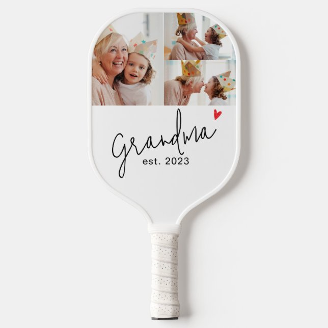 Grandma Established Modern Script 3 Photo Pickleball Paddle (Front)
