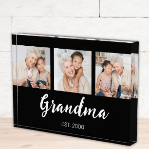 Grandma Established Modern Script Black 3 Photo Block