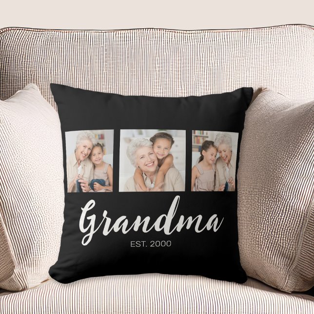 Grandma Established Modern Script Black 3 Photo Cushion (Creator Uploaded)