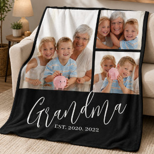 Grandma Established Modern Script Black 3 Photo Fleece Blanket