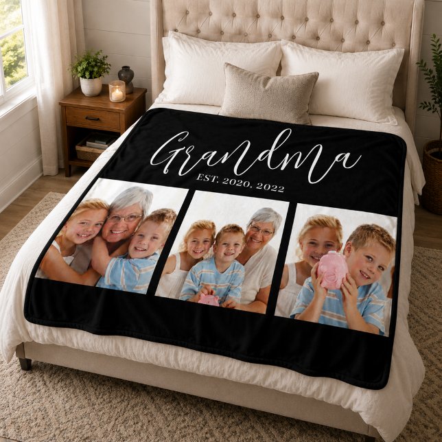 Grandma Established Modern Script Black 3 Photo Fleece Blanket (Creator Uploaded)