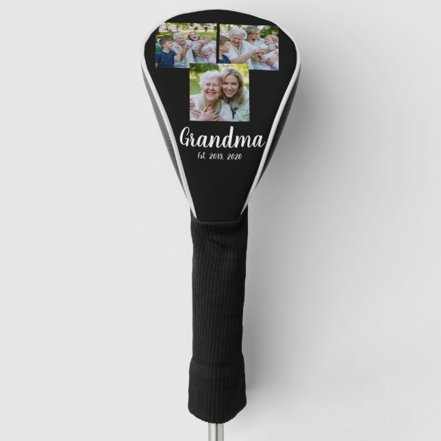 Grandma Established Modern Script Black 3 Photo Golf Head Cover (Front)