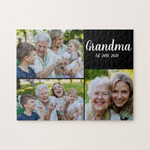 Grandma Established Modern Script Black 3 Photo Jigsaw Puzzle