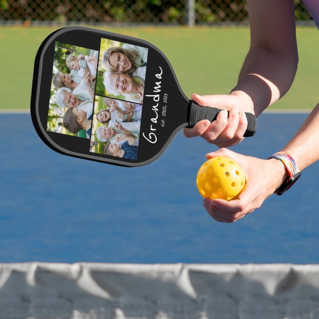 Grandma Established Modern Script Black 3 Photo Pickleball Paddle (Insitu)