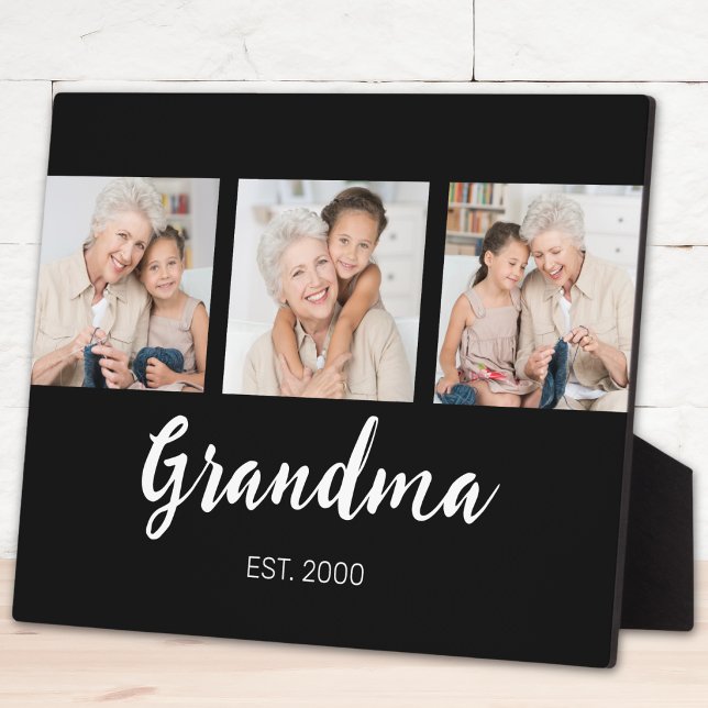 Grandma Established Modern Script Black 3 Photo Plaque (Creator Uploaded)