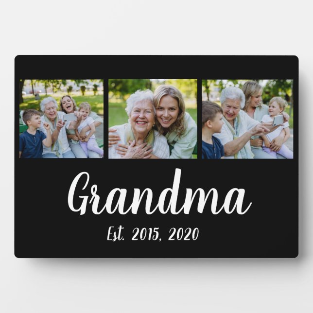 Grandma Established Modern Script Black 3 Photo Plaque (Front)