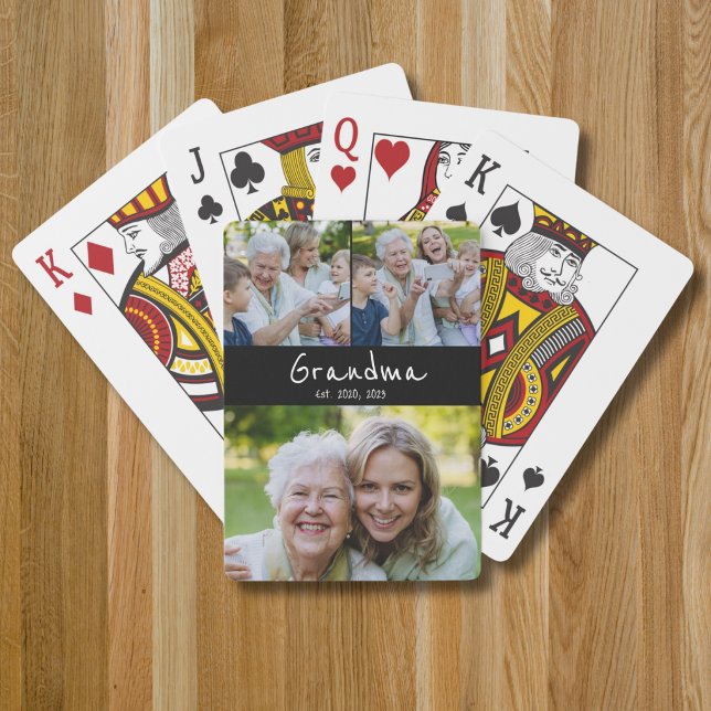 Grandma Established Modern Script Black 3 Photo Playing Cards (Creator Uploaded)