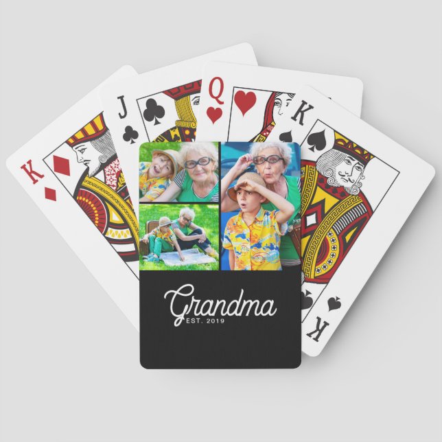 Grandma Established Modern Script Black 3 Photo Playing Cards (Back)