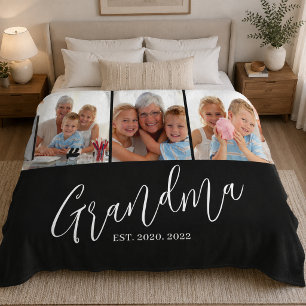 Grandma Established Modern Script Modern 3 Photo Fleece Blanket