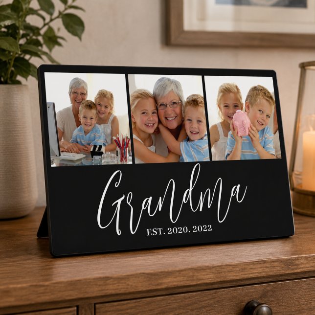 Grandma Established Modern Script Modern 3 Photo Plaque (Creator Uploaded)
