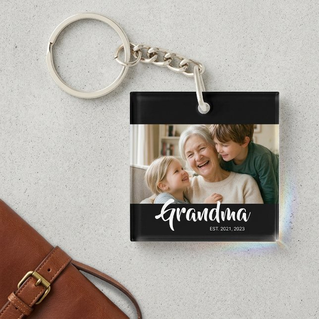 Grandma Established Modern Script Photo Key Ring (Grandma Established Script Photo Keychain)