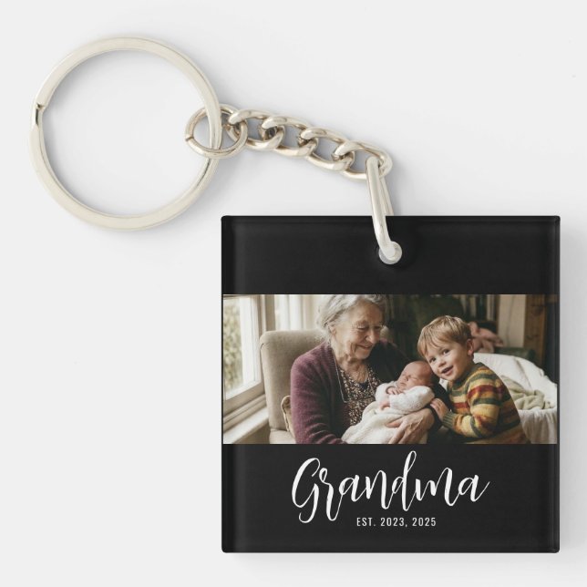 Grandma Established Modern Script Photo Keychain (Front)