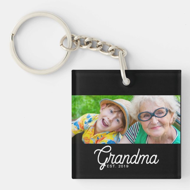 Grandma Established Modern Script Photo Keychain (Front)
