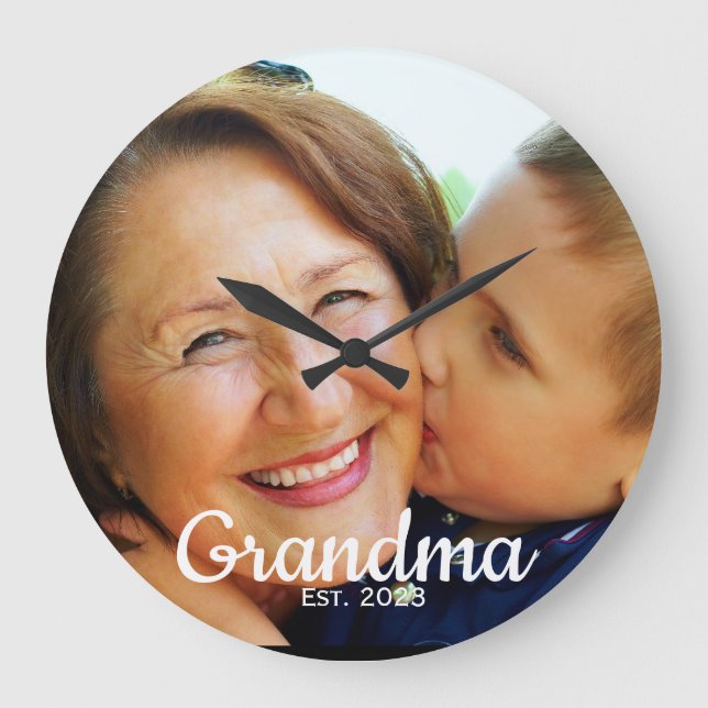 Grandma Established Modern Script Photo  Large Clock (Front)