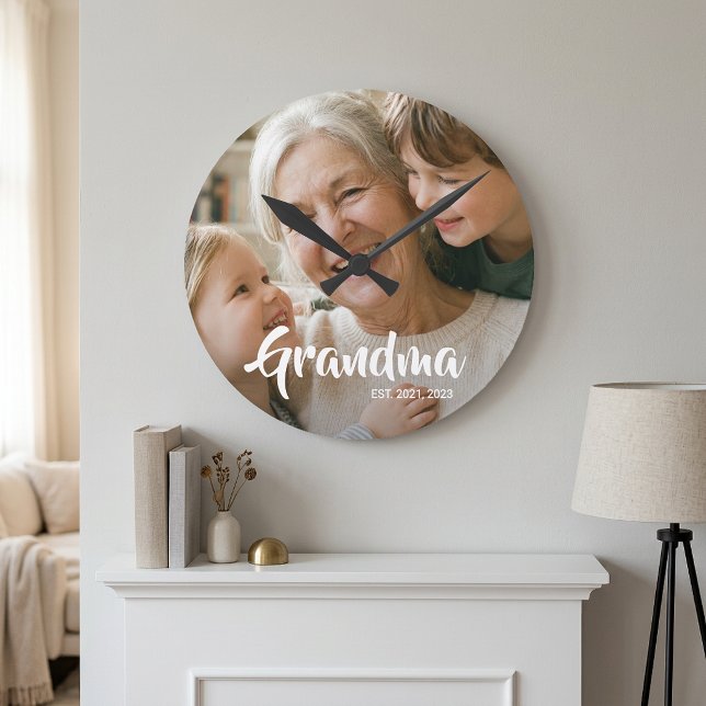 Grandma Established Modern White Script Photo Round Clock (Grandma Established Script Photo Clock)